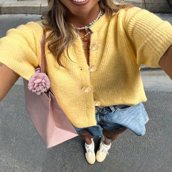 Yellow Casual Women's Plus Size Loose Knitted Short Slouchy Cardigan Top - Picture 5 of 8